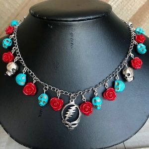 Steal Your Face Charm Necklace w/ Rose,Skull Beads